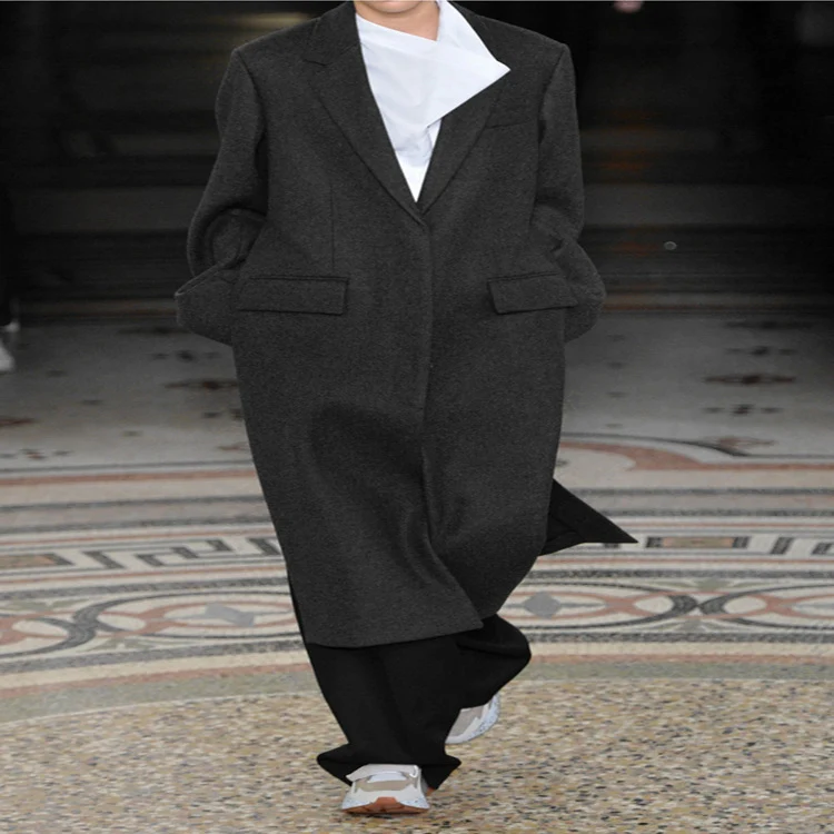 Damen Oversize Einreihiger Maxilanger Wollmix-Longcoat mit relaxter Schulter und Pattentaschen Nord Taschen