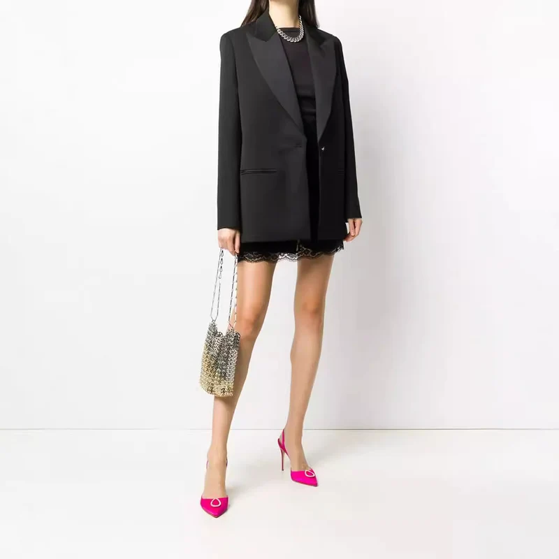 Damen Oversize Einreihiger Longblazer mit Satin-Schalkragen und cleanem Tailoring Nord Taschen