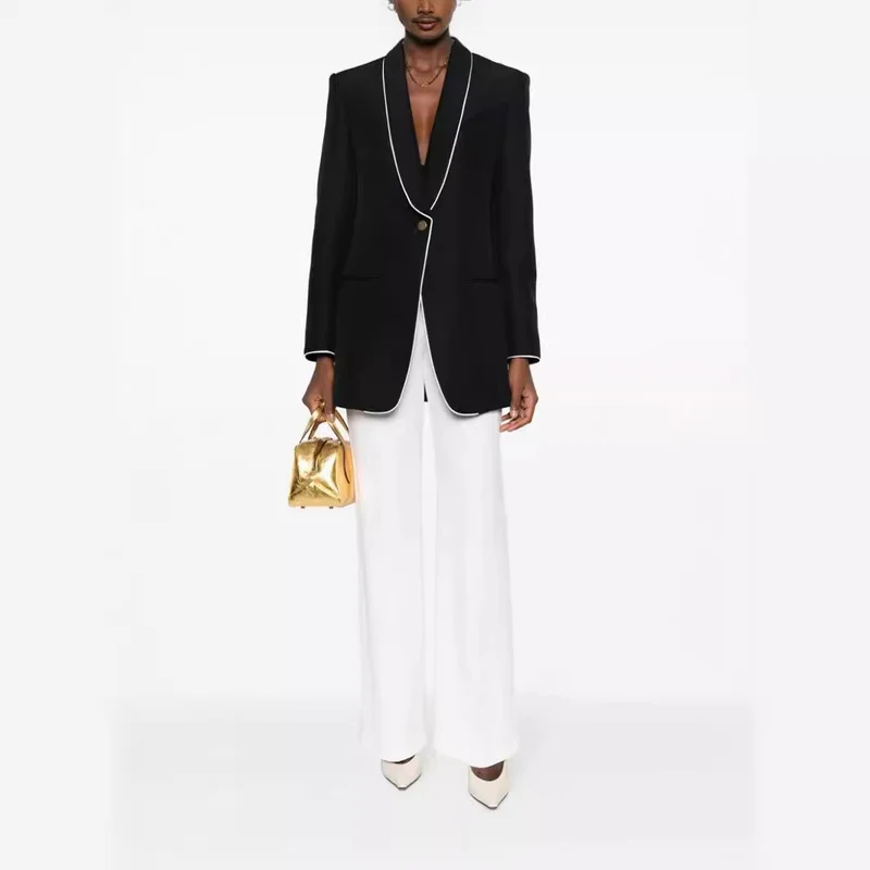 Damen Oversize-Blazer im Smokingstil mit kontrastierender Paspelierung und Ein-Knopf-Front Nord Taschen