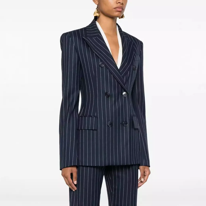 Damen Nadelstreifen Zweireihiger Blazer mit High‑Waist Schlaghose Nord Taschen