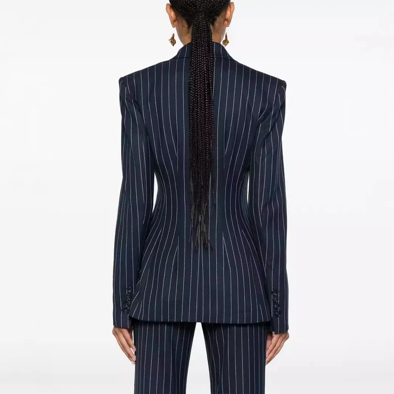 Damen Nadelstreifen Zweireihiger Blazer mit High‑Waist Schlaghose Nord Taschen