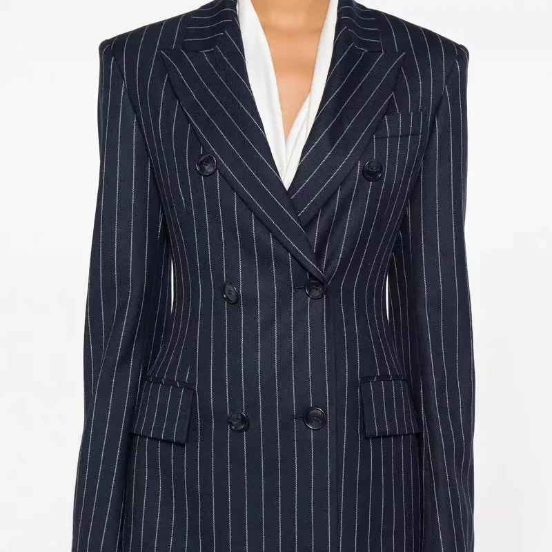 Damen Nadelstreifen Zweireihiger Blazer mit High‑Waist Schlaghose Nord Taschen