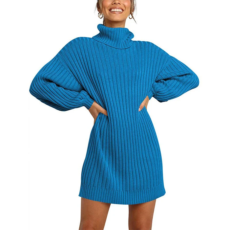 Damen Strickkleid mit hohem Kragen und weit geschnittenen Ärmeln