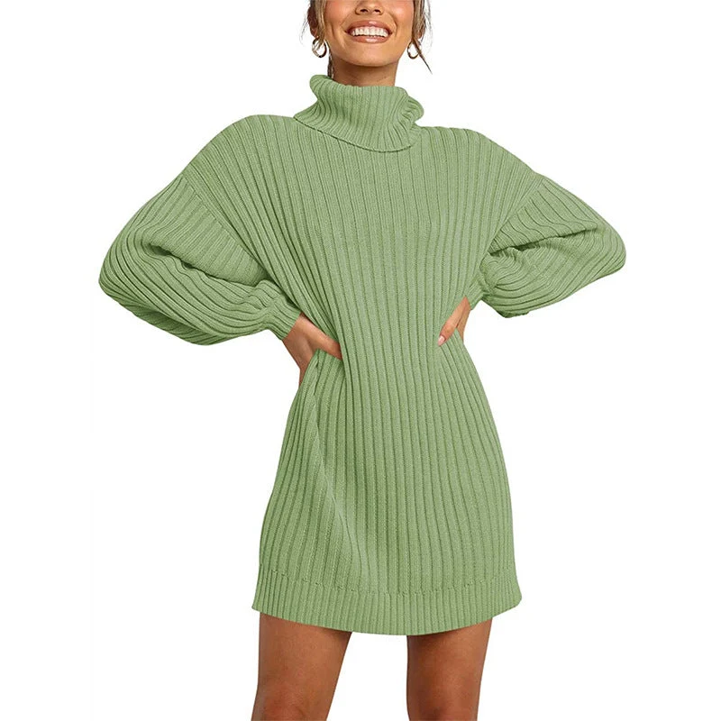 Damen Strickkleid mit hohem Kragen und weit geschnittenen Ärmeln