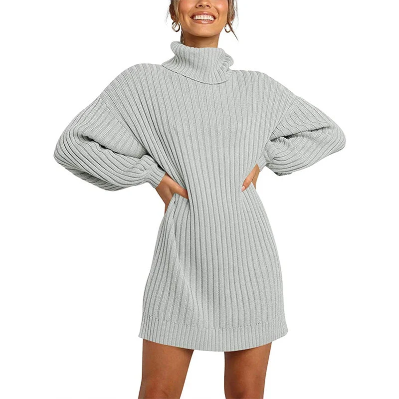 Damen Strickkleid mit hohem Kragen und weit geschnittenen Ärmeln