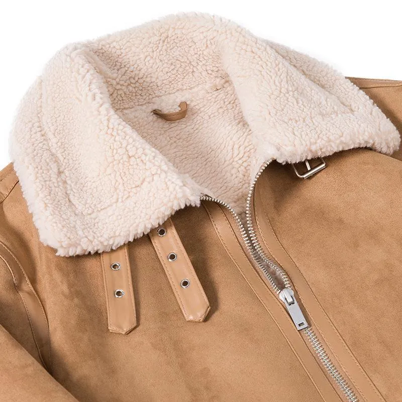 Herren Lammfelloptik Pilotenjacke mit Teddyfutter und Lederbesatz Nord Taschen