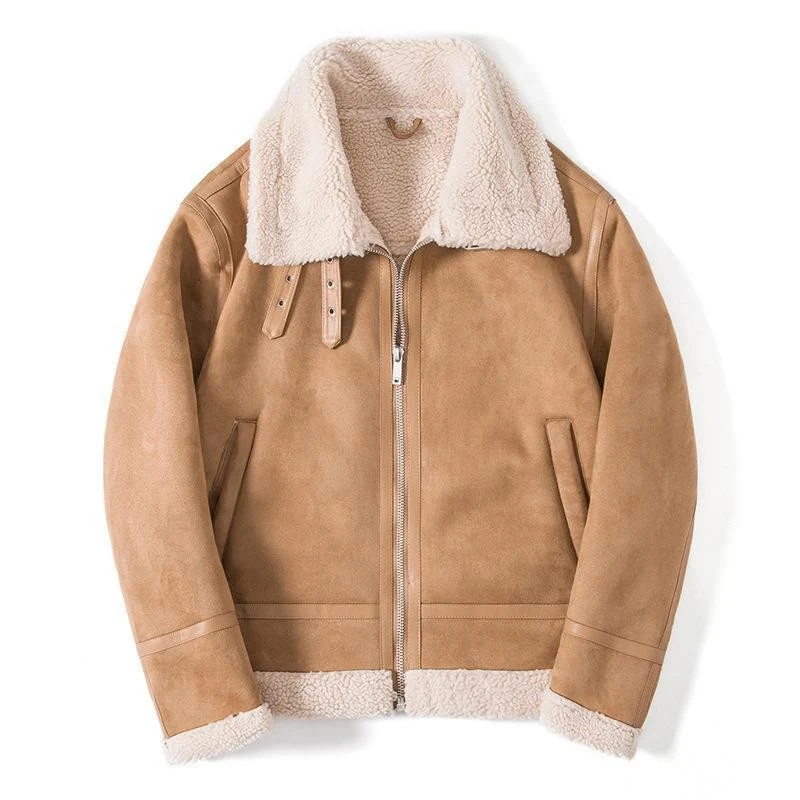 Herren Lammfelloptik Pilotenjacke mit Teddyfutter und Lederbesatz Nord Taschen