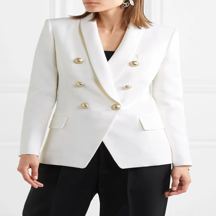 Damen Taillierter Zweireihiger Blazer im Smoking-Tailoring mit Schalkragen und goldenen Zierrundknöpfen Nord Taschen