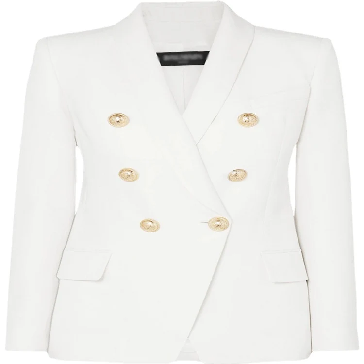 Damen Taillierter Zweireihiger Blazer im Smoking-Tailoring mit Schalkragen und goldenen Zierrundknöpfen Nord Taschen