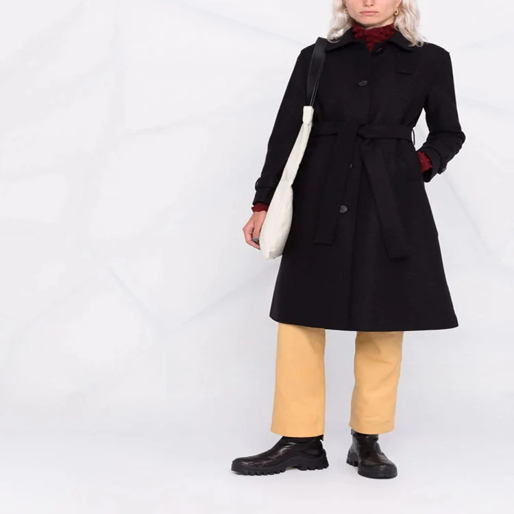 Damen Taillierter Wollmix-Mantel mit Bindegürtel und A-Linien-Schnitt Nord Taschen