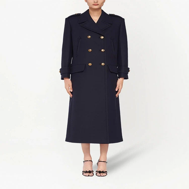 Damen Doppelreihiger militärinspirierter Maxi‑Wollmantel mit Epauletten und Zierriegeln Nord Taschen