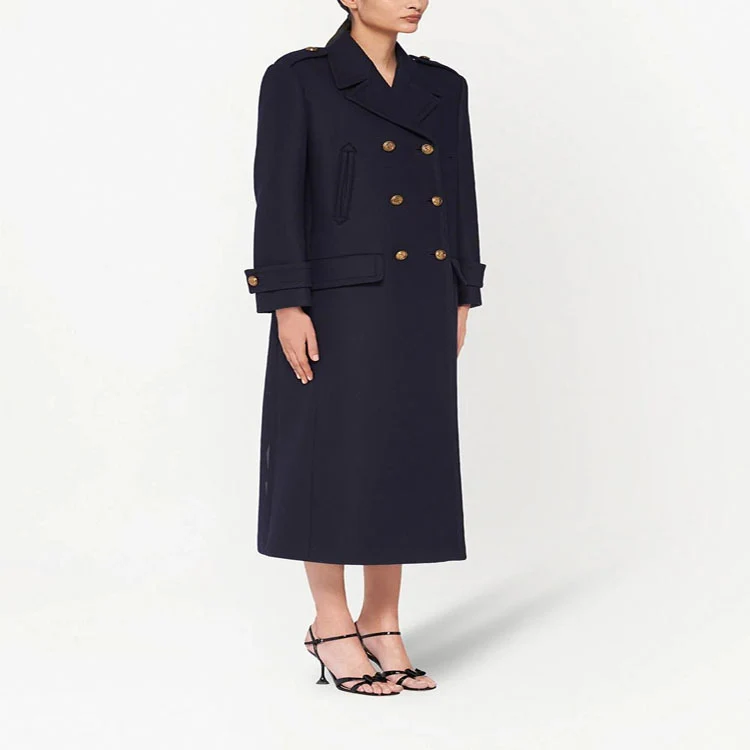 Damen Doppelreihiger militärinspirierter Maxi‑Wollmantel mit Epauletten und Zierriegeln Nord Taschen