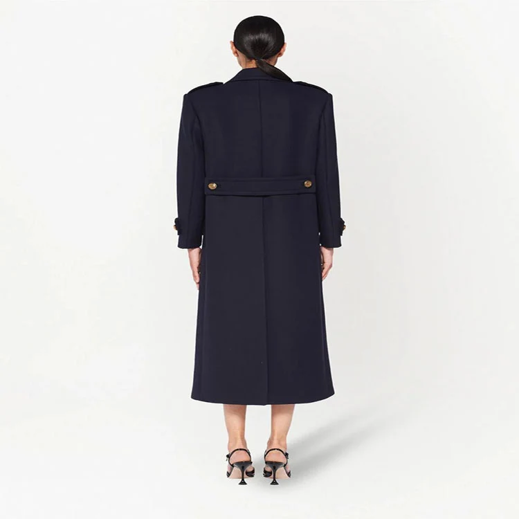 Damen Doppelreihiger militärinspirierter Maxi‑Wollmantel mit Epauletten und Zierriegeln Nord Taschen