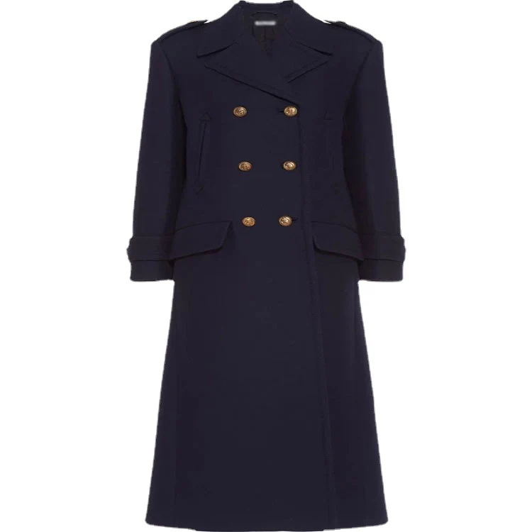 Damen Doppelreihiger militärinspirierter Maxi‑Wollmantel mit Epauletten und Zierriegeln Nord Taschen
