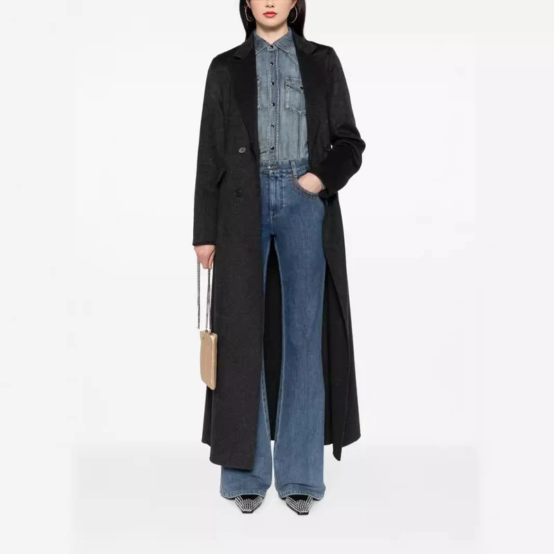 Damen Doppelreihiger Maxi-Mantel aus Wollmix mit tailliertem Schnitt Nord Taschen