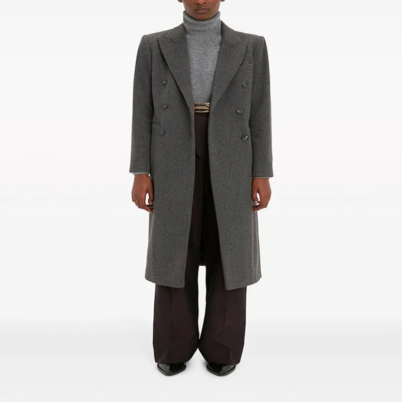 Damen Doppelreihiger Longcoat im Tailoring‑Look mit schmaler Silhouette und markanter Schulter Nord Taschen