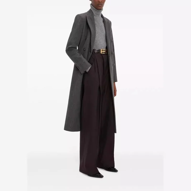 Damen Doppelreihiger Longcoat im Tailoring‑Look mit schmaler Silhouette und markanter Schulter Nord Taschen