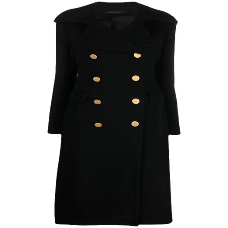 Damen Doppelreihiger Longcoat im Marinemantel‑Stil mit markanten Metallknöpfen Nord Taschen