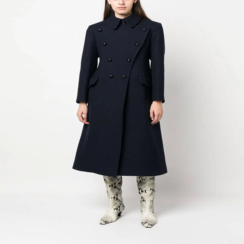 Damen Doppelreihiger A-Linien Wollmix-Mantel mit Rundkragen und Pattentaschen Nord Taschen