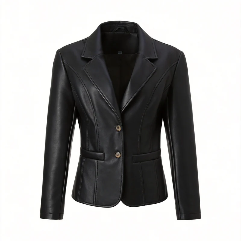 Damen Kurz geschnittene Kunstlederjacke mit Rundhals und aufgesetzten Pattentaschen Nord Taschen