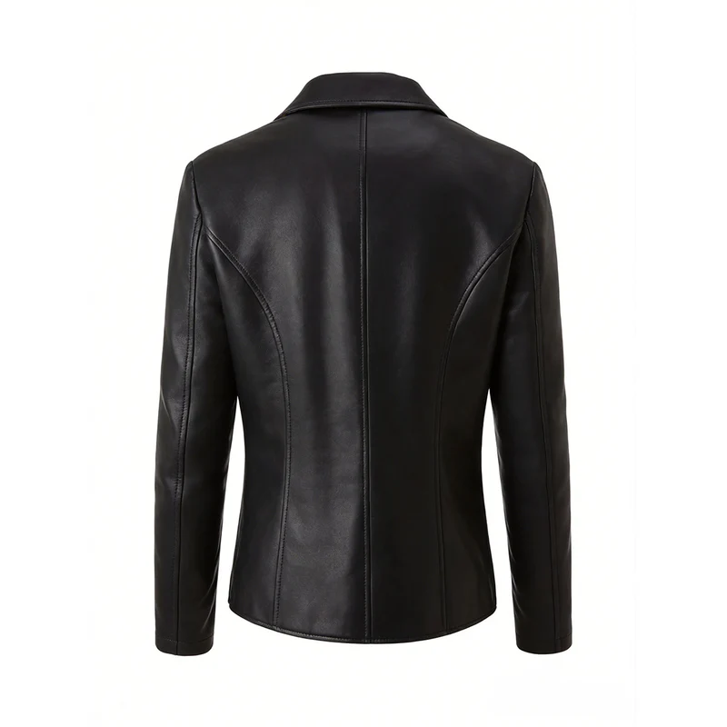 Damen Kurz geschnittene Kunstlederjacke mit Rundhals und aufgesetzten Pattentaschen Nord Taschen