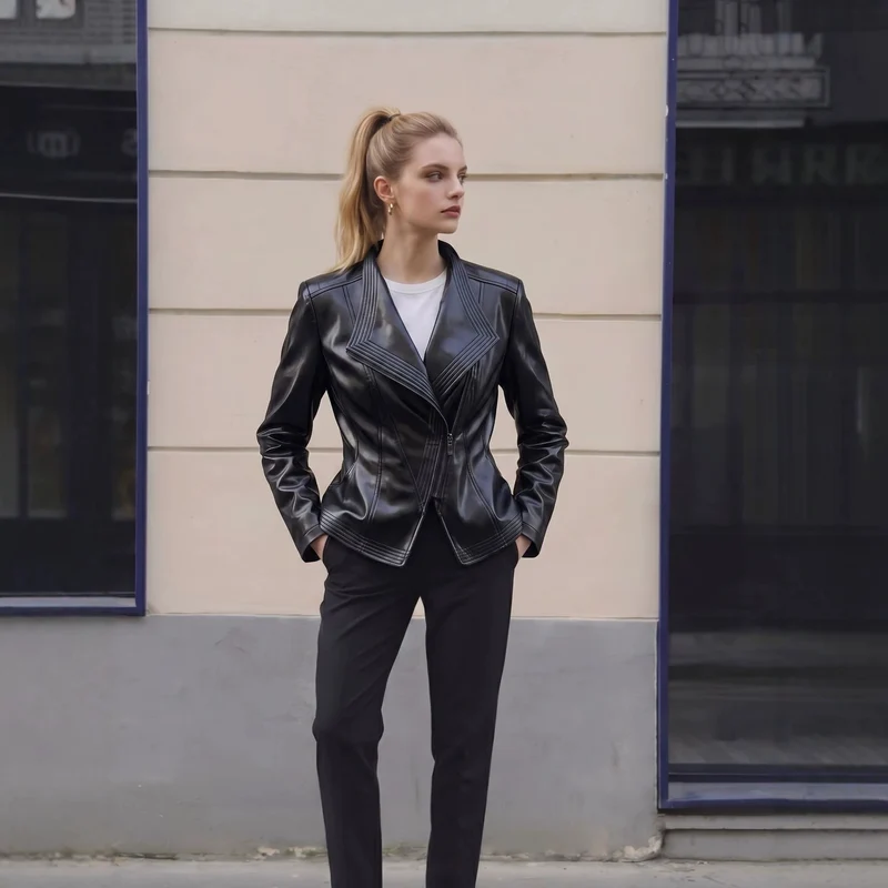 Damen Kurz geschnittene Kunstlederjacke mit asymmetrischem Reißverschluss Nord Taschen