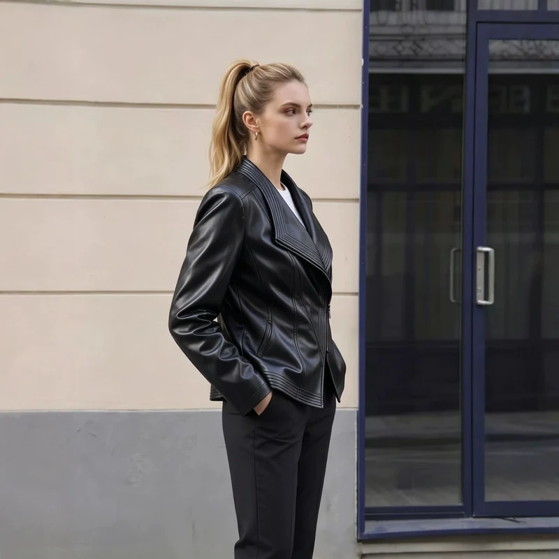 Damen Kurz geschnittene Kunstlederjacke mit asymmetrischem Reißverschluss Nord Taschen