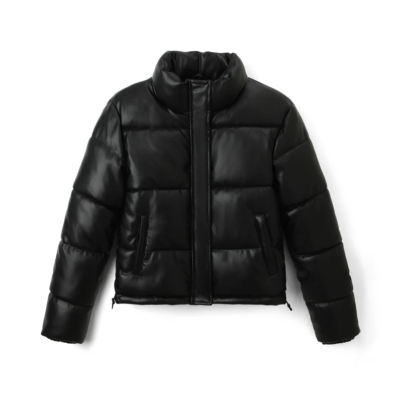 Damen Kurz geschnittene gesteppte Kunstleder-Steppjacke mit hohem Stehkragen Nord Taschen