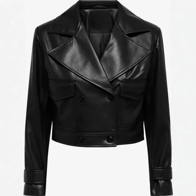 Damen kurz geschnittene Doppelreihige Lederjacke mit breitem Revers Nord Taschen