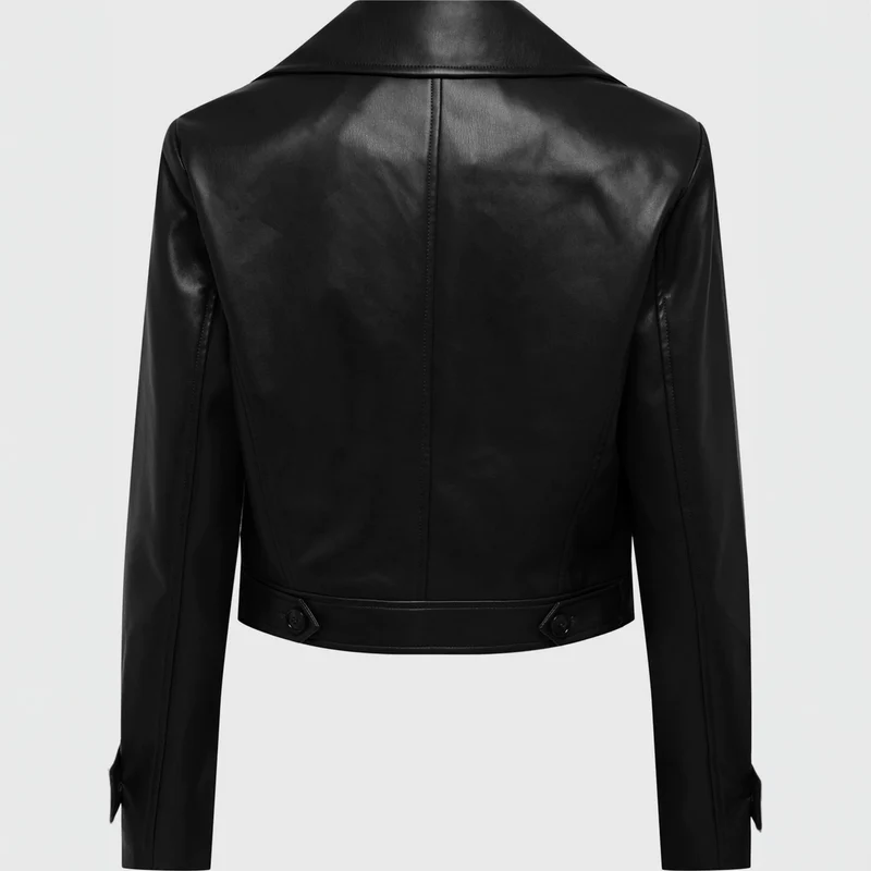 Damen kurz geschnittene Doppelreihige Lederjacke mit breitem Revers Nord Taschen