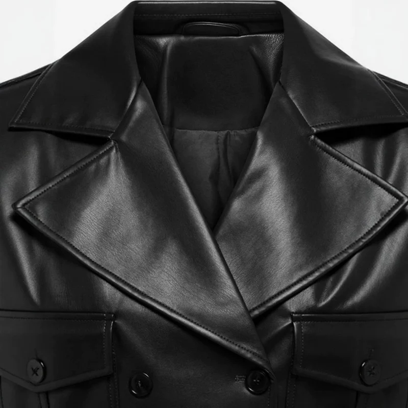 Damen kurz geschnittene Doppelreihige Lederjacke mit breitem Revers Nord Taschen