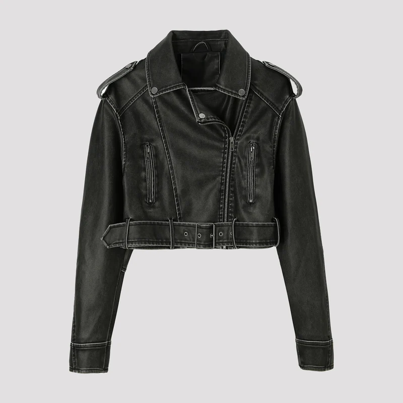 Damen Kontrastblazer aus Kunstleder mit spitzem Revers und taillierter Schnittführung Nord Taschen