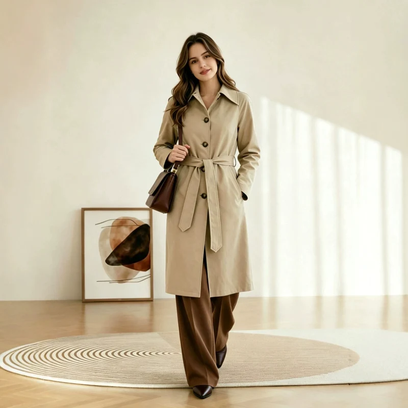 Damen klassischer Trenchcoat mit Taillengürtel und weitem Reverskragen Nord Taschen
