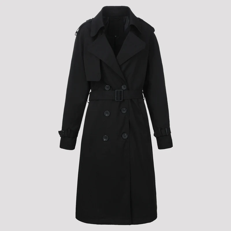 Damen Klassischer taillierter Doppelreihiger Trenchcoat mit Bindegürtel und Schulterklappen Nord Taschen
