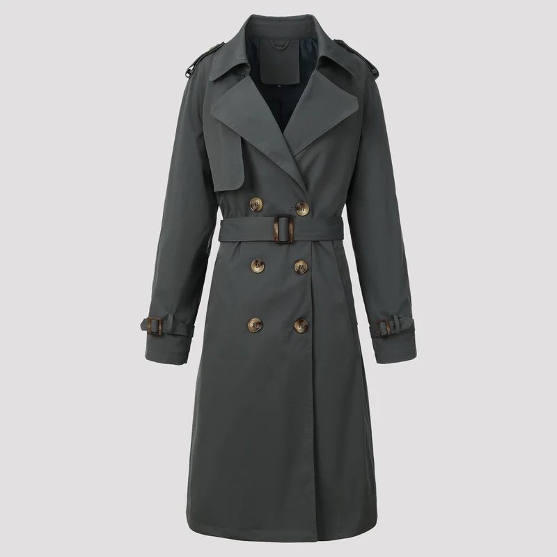 Damen Klassischer Doppelreihiger Trenchcoat mit Gürtel und Epauletten Nord Taschen