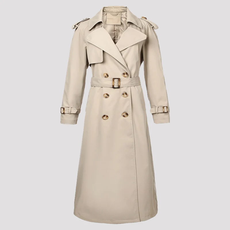 Damen Klassischer Doppelreihiger Trenchcoat mit Gürtel und Epauletten Nord Taschen