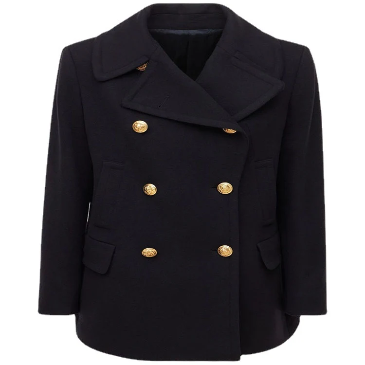 Damen Kurzer Zweireihiger Wollmix-Peacoat mit goldenen Zierrundknöpfen und taillierter Silhouette Nord Taschen
