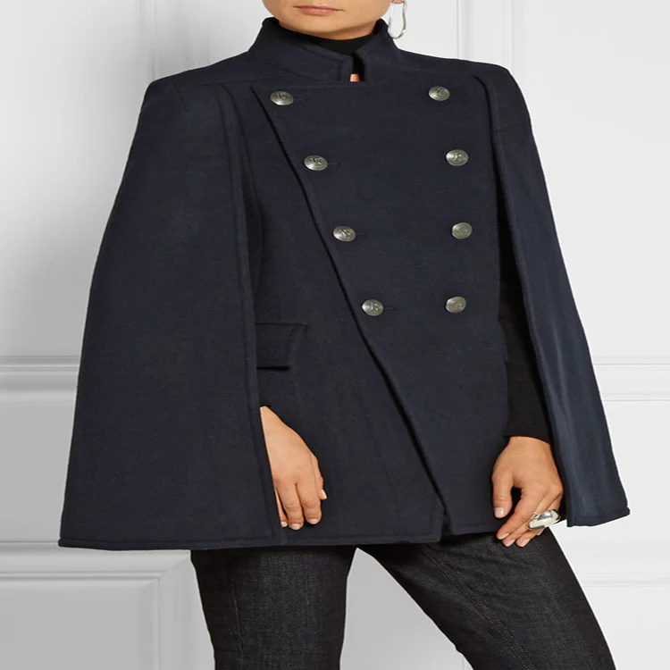 Damen Kurzer Cape-Mantel im Military‑Stil mit Doppelreihe und Stehkragen Nord Taschen