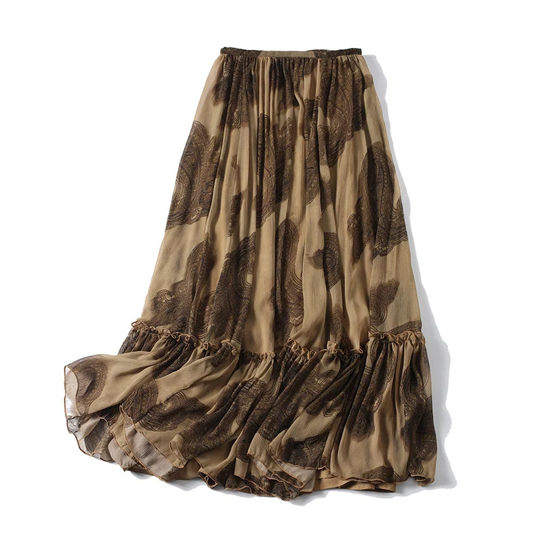Damen Maxirock aus Chiffon mit Plissée, Elastischem Bund und Volantsaum Nord Taschen