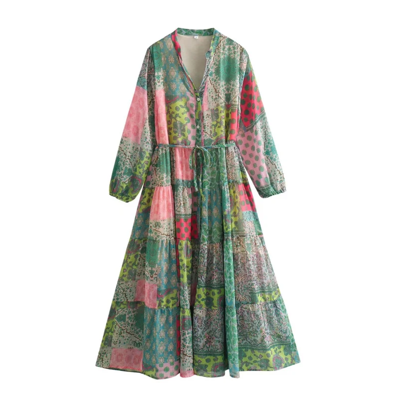 Damen Maxikleid mit Paisley‑Print, V‑Ausschnitt, Taillenband und Stufenrock Nord Taschen