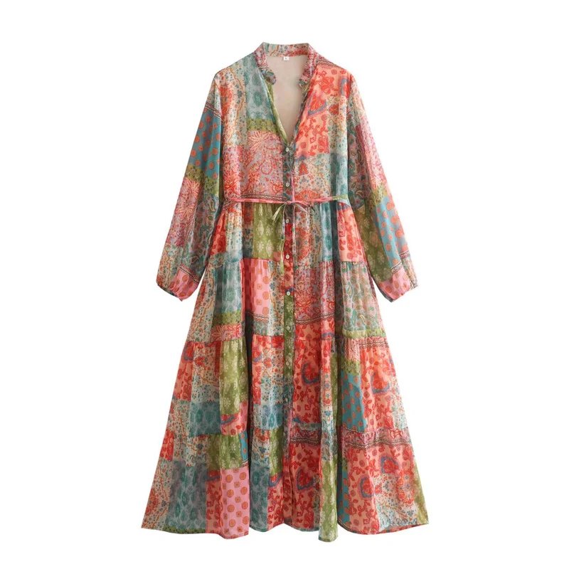 Damen Maxikleid mit Paisley‑Print, V‑Ausschnitt, Taillenband und Stufenrock Nord Taschen