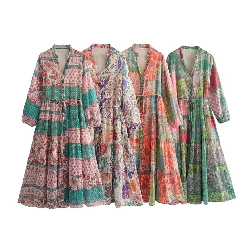 Damen Maxikleid mit Paisley‑Print, V‑Ausschnitt, Taillenband und Stufenrock Nord Taschen