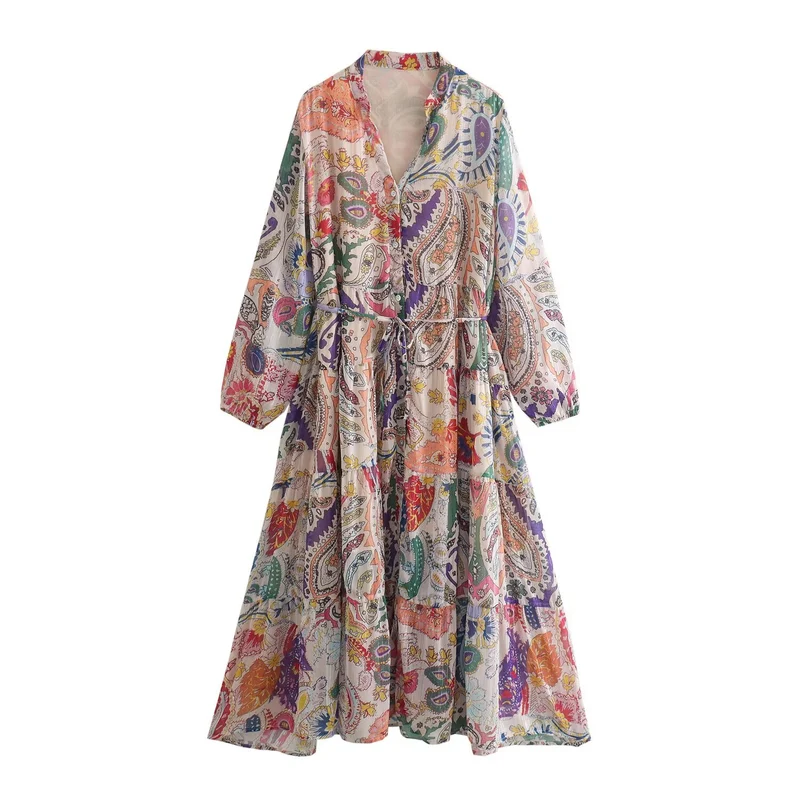 Damen Maxikleid mit Paisley‑Print, V‑Ausschnitt, Taillenband und Stufenrock Nord Taschen