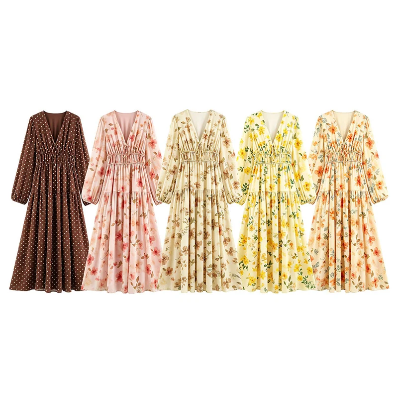 Damen Luftiges Chiffon-Midikleid mit tiefem V-Ausschnitt, geraffter Smock-Taille und Volantstufen Nord Taschen