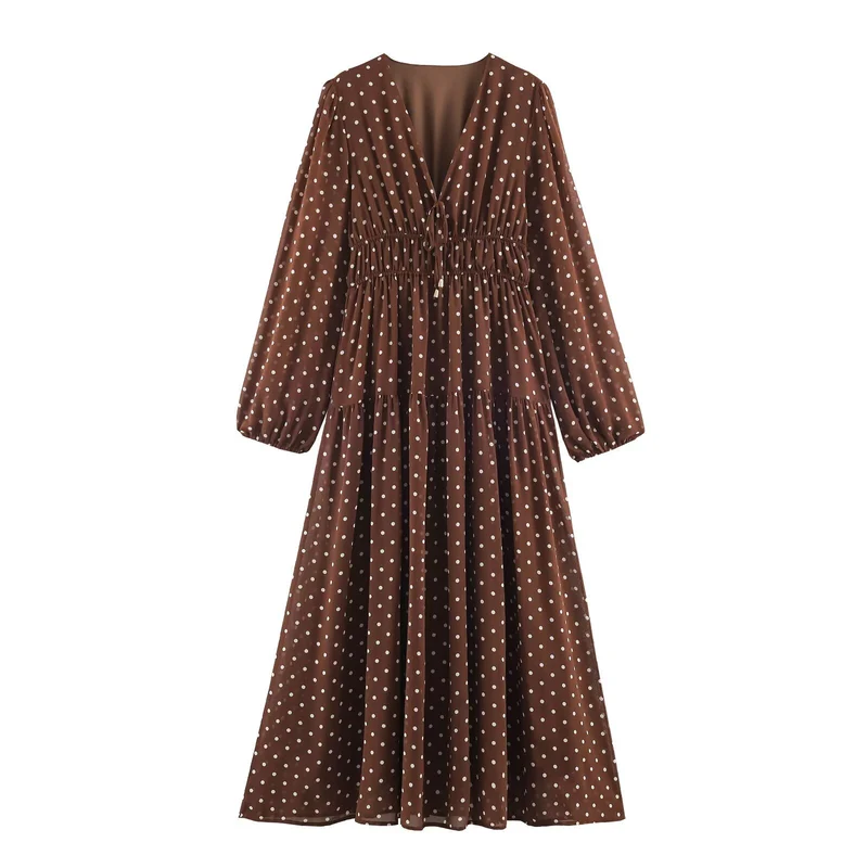 Damen Luftiges Chiffon-Midikleid mit tiefem V-Ausschnitt, geraffter Smock-Taille und Volantstufen Nord Taschen