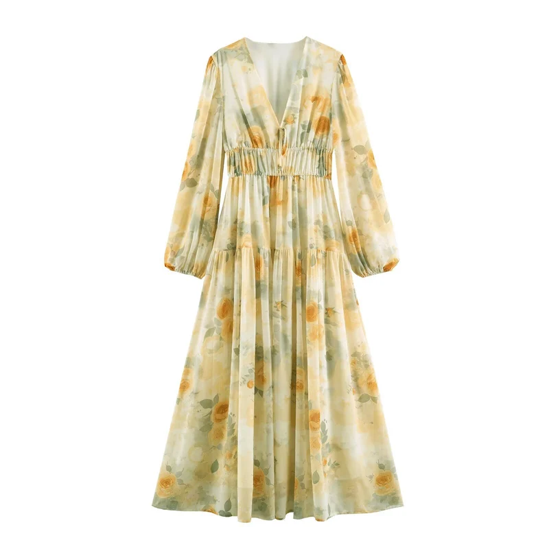 Damen Luftiges Chiffon-Midikleid mit tiefem V-Ausschnitt, geraffter Smock-Taille und Volantstufen Nord Taschen