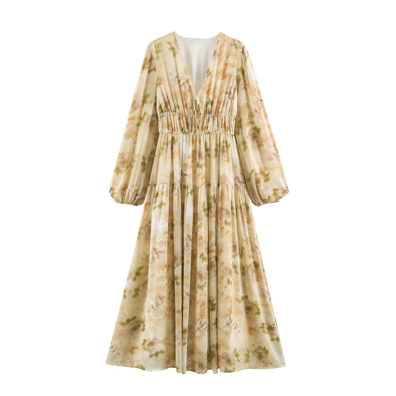 Damen Luftiges Chiffon-Midikleid mit tiefem V-Ausschnitt, geraffter Smock-Taille und Volantstufen Nord Taschen