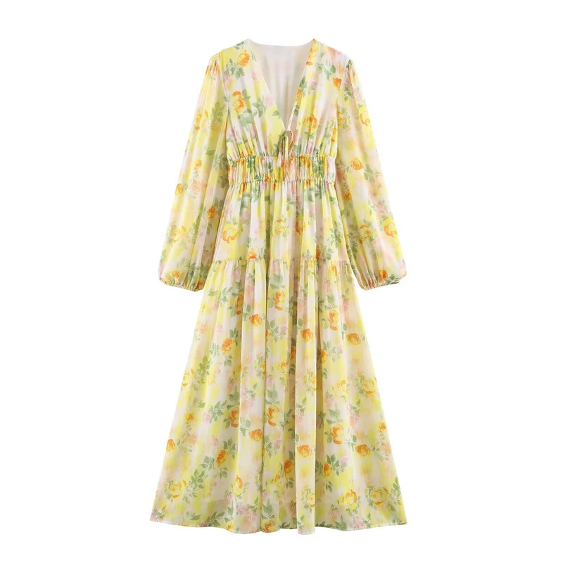 Damen Luftiges Chiffon-Midikleid mit tiefem V-Ausschnitt, geraffter Smock-Taille und Volantstufen Nord Taschen