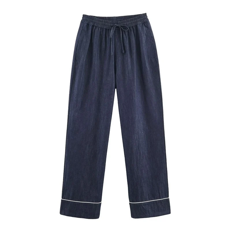 Damen Lockere weite Denim-Hose mit elastischem Bund und Kordelzug Nord Taschen
