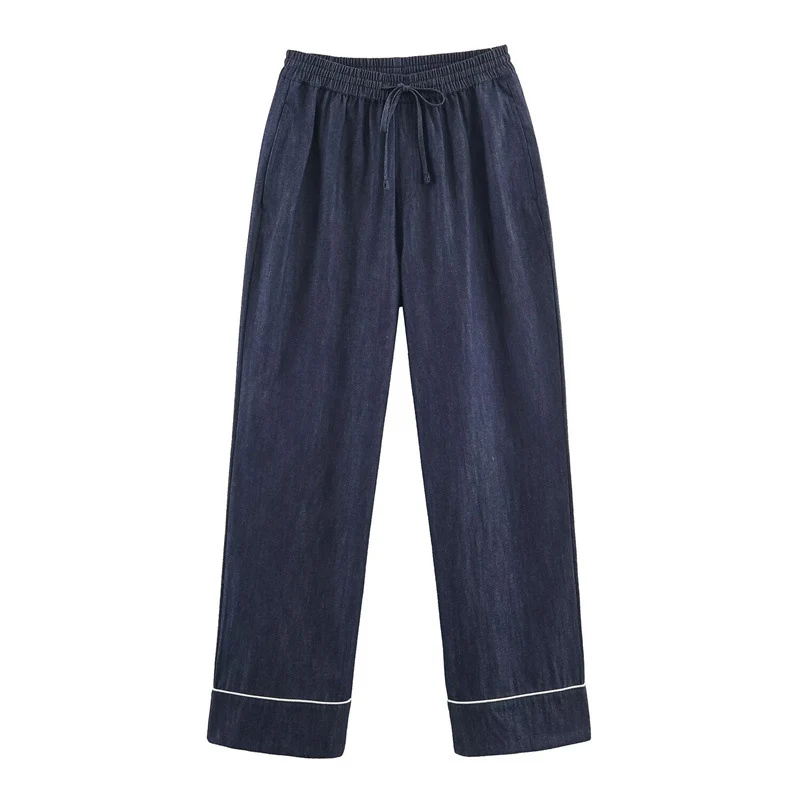 Damen Lockere weite Denim-Hose mit elastischem Bund und Kordelzug Nord Taschen